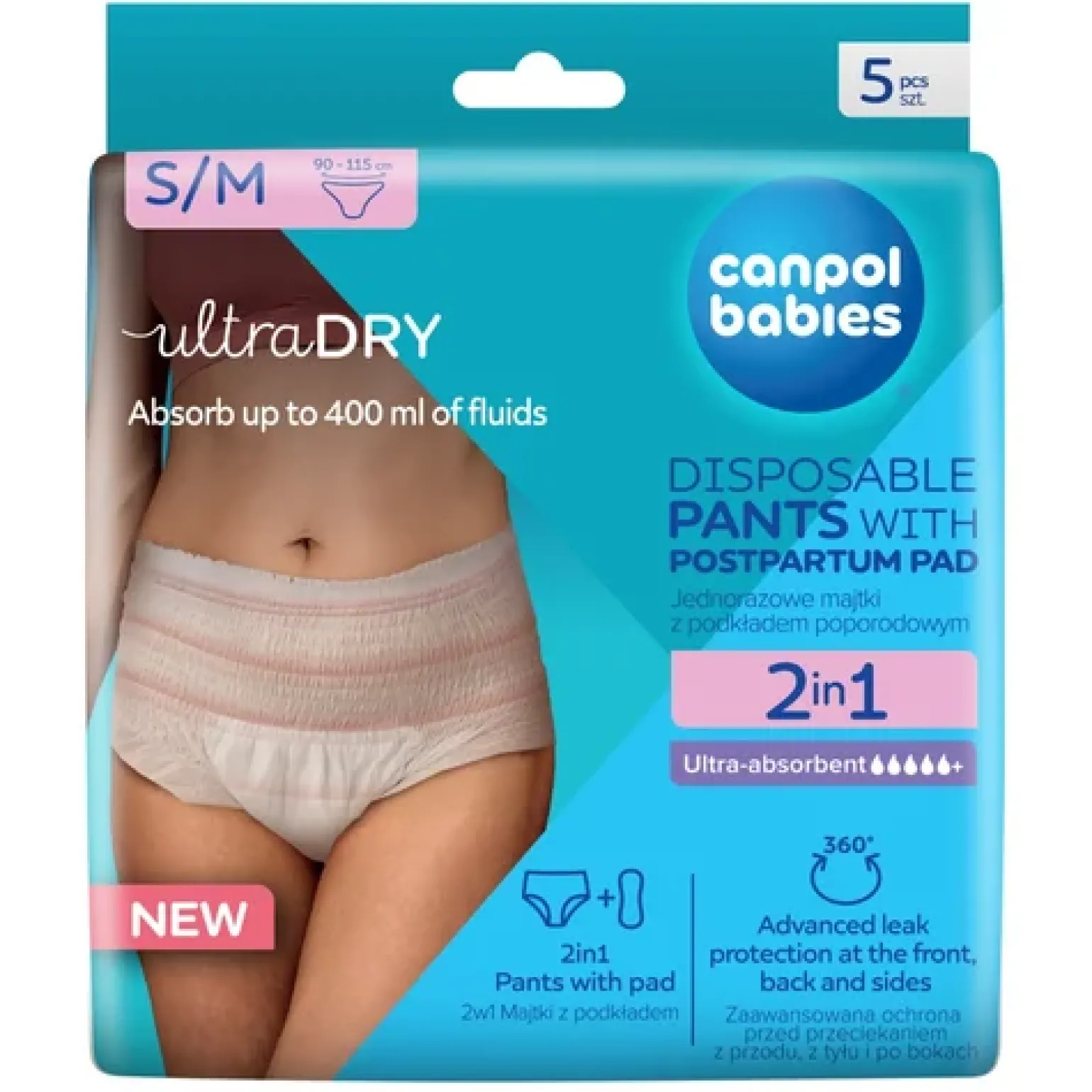 CANPOL babies Oddychające i ultrachłonne jednorazowe majtki 2w1 z podkładem poporodowym S/M, 5 szt.