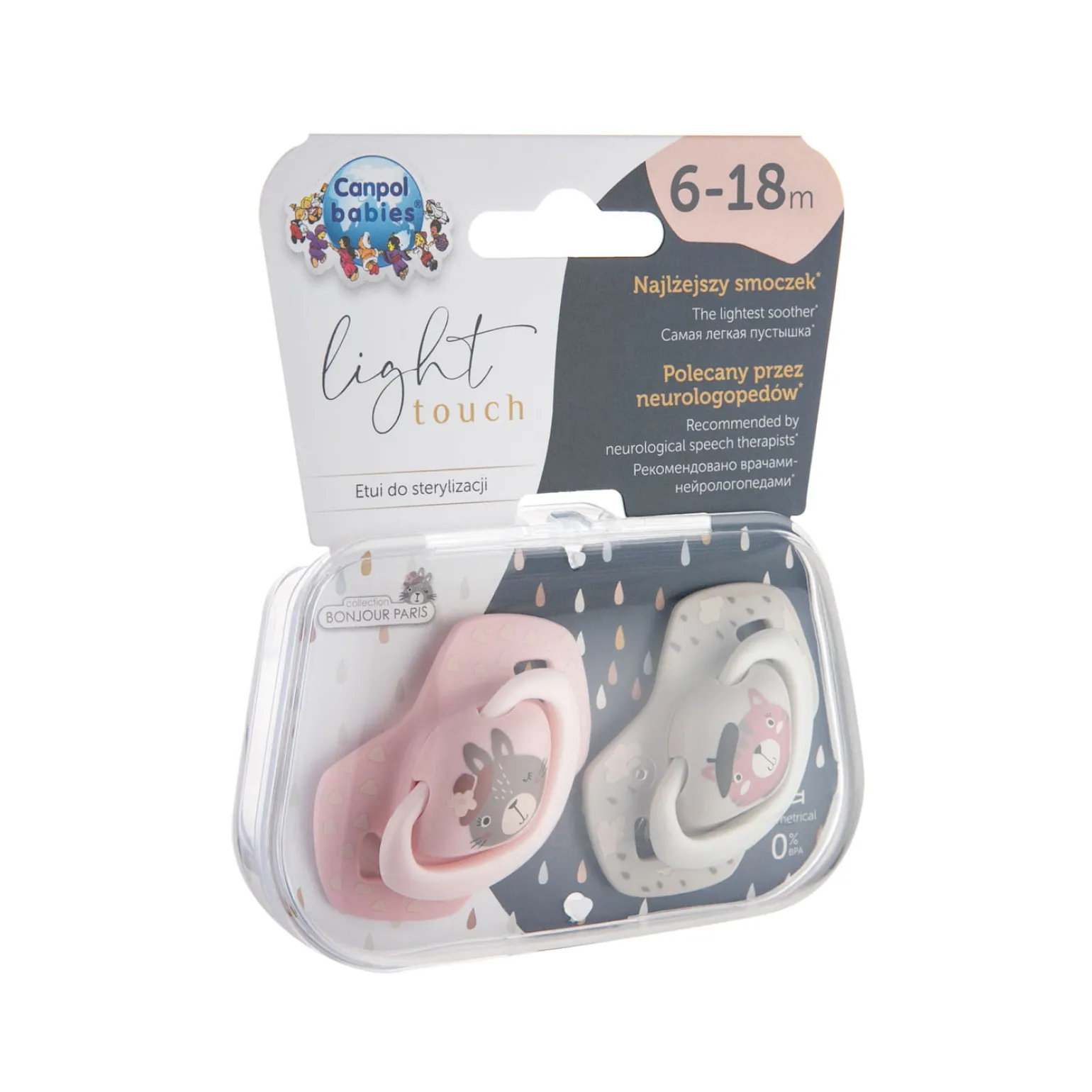 Canpol babies Smoczek silikonowy 6-18m symetryczny BONJOUR PARIS PINK 2szt.