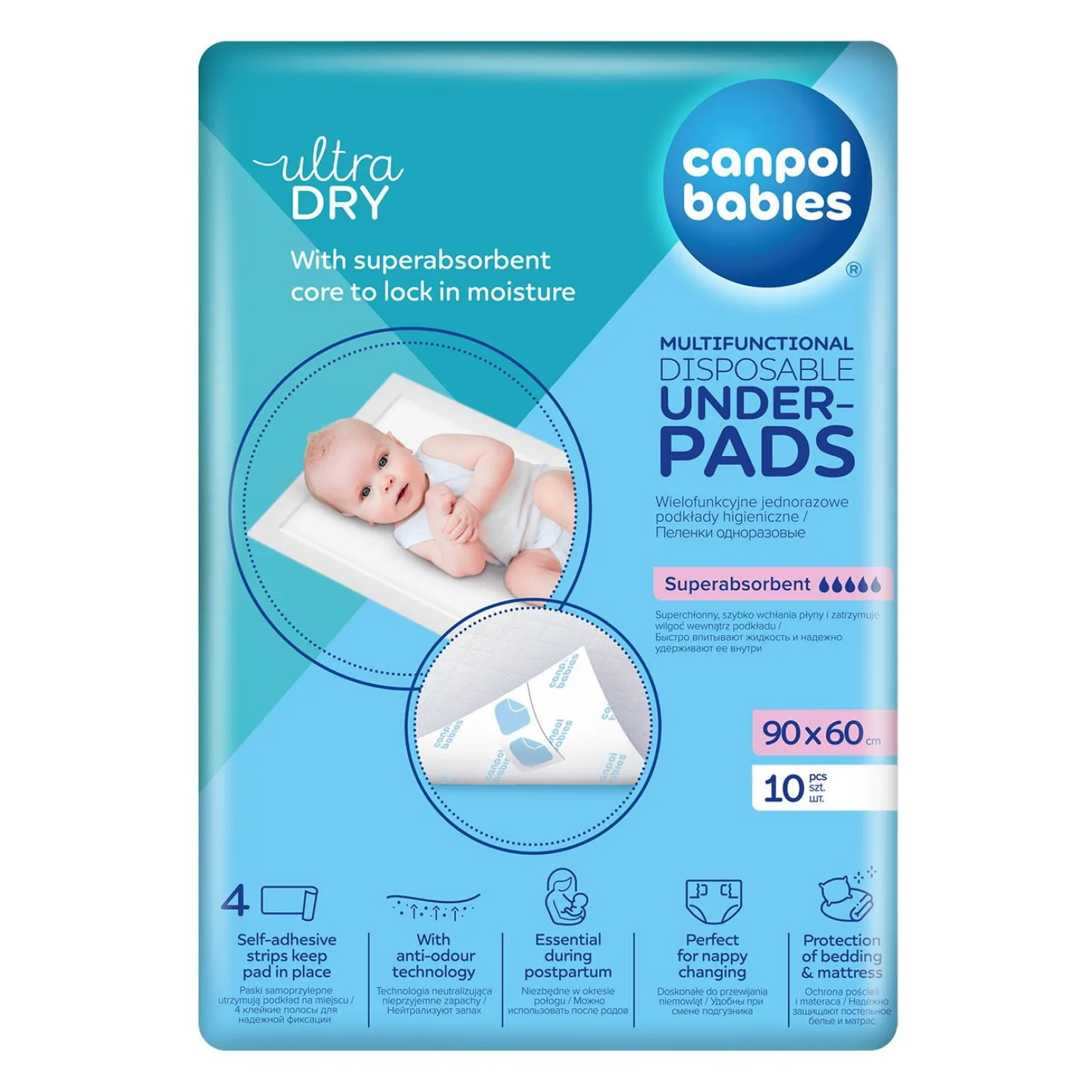 Canpol babies Wielofunkcyjne jednorazowe podkłady higieniczne 90x60 z przylepcem (10szt.)