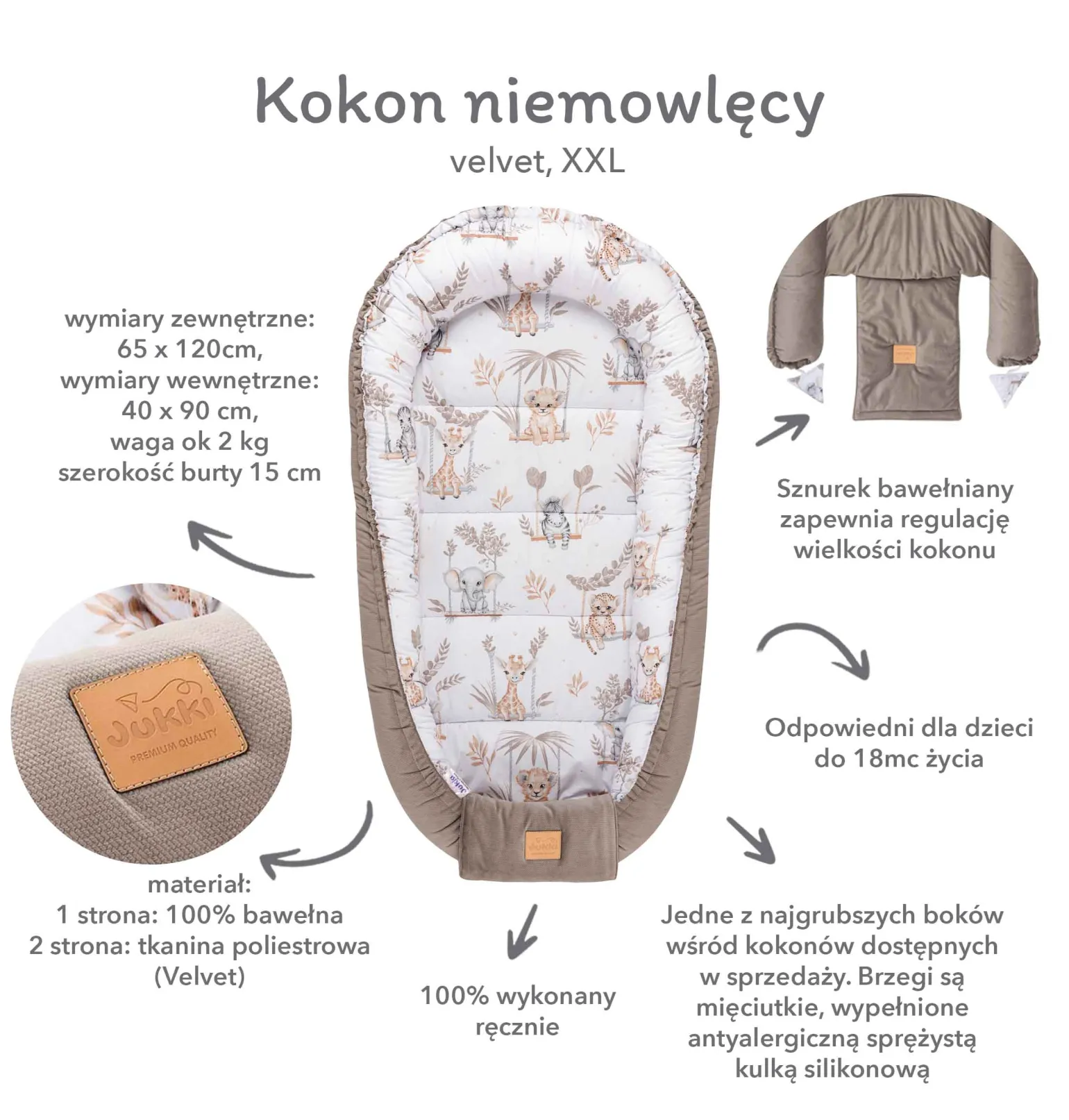 Kokon XXL 65 x 120 cm - Pilot Bears i jeansowy Velvet