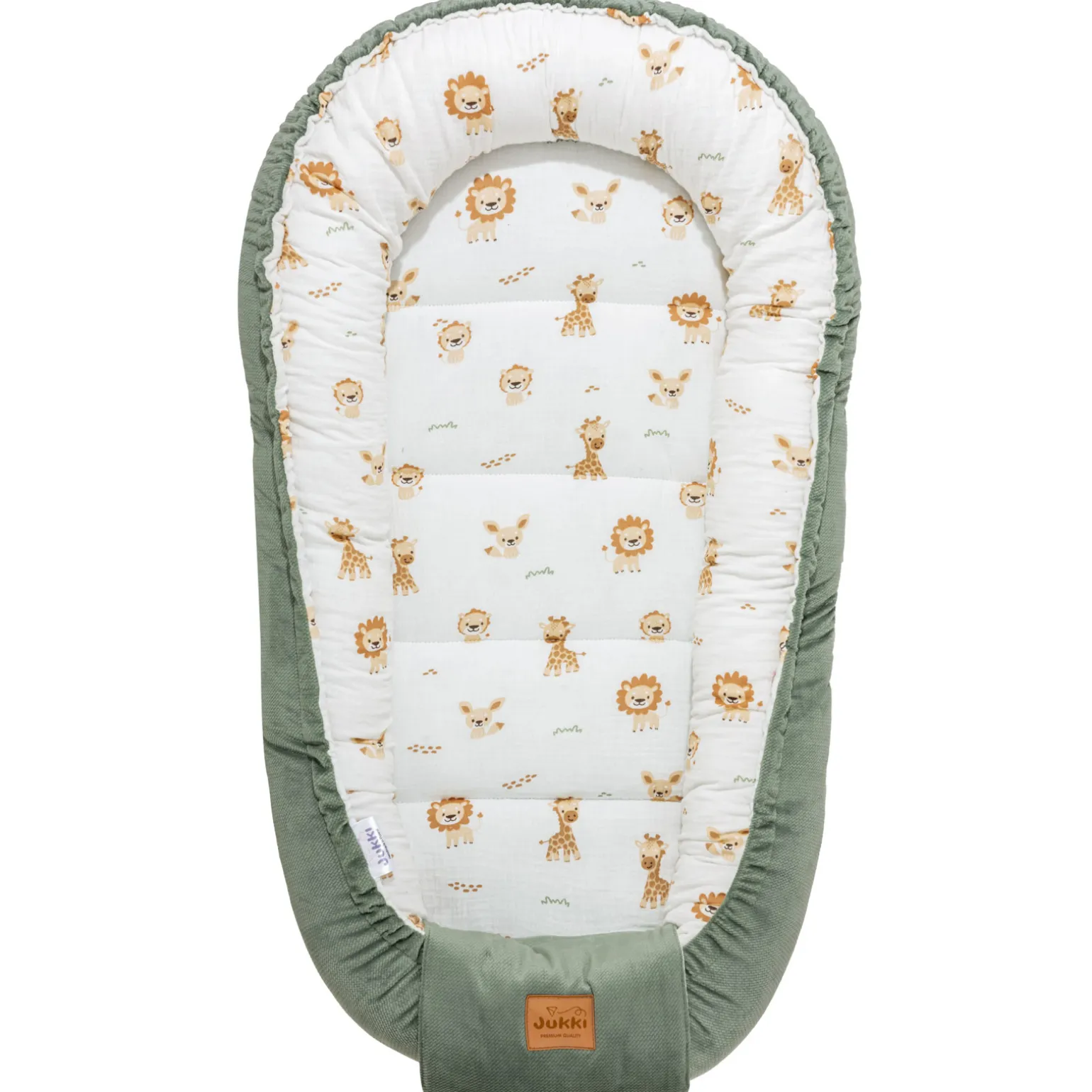 Muślinowy Kokon Comfort - Baby Safari i oliwkowy Velvet
