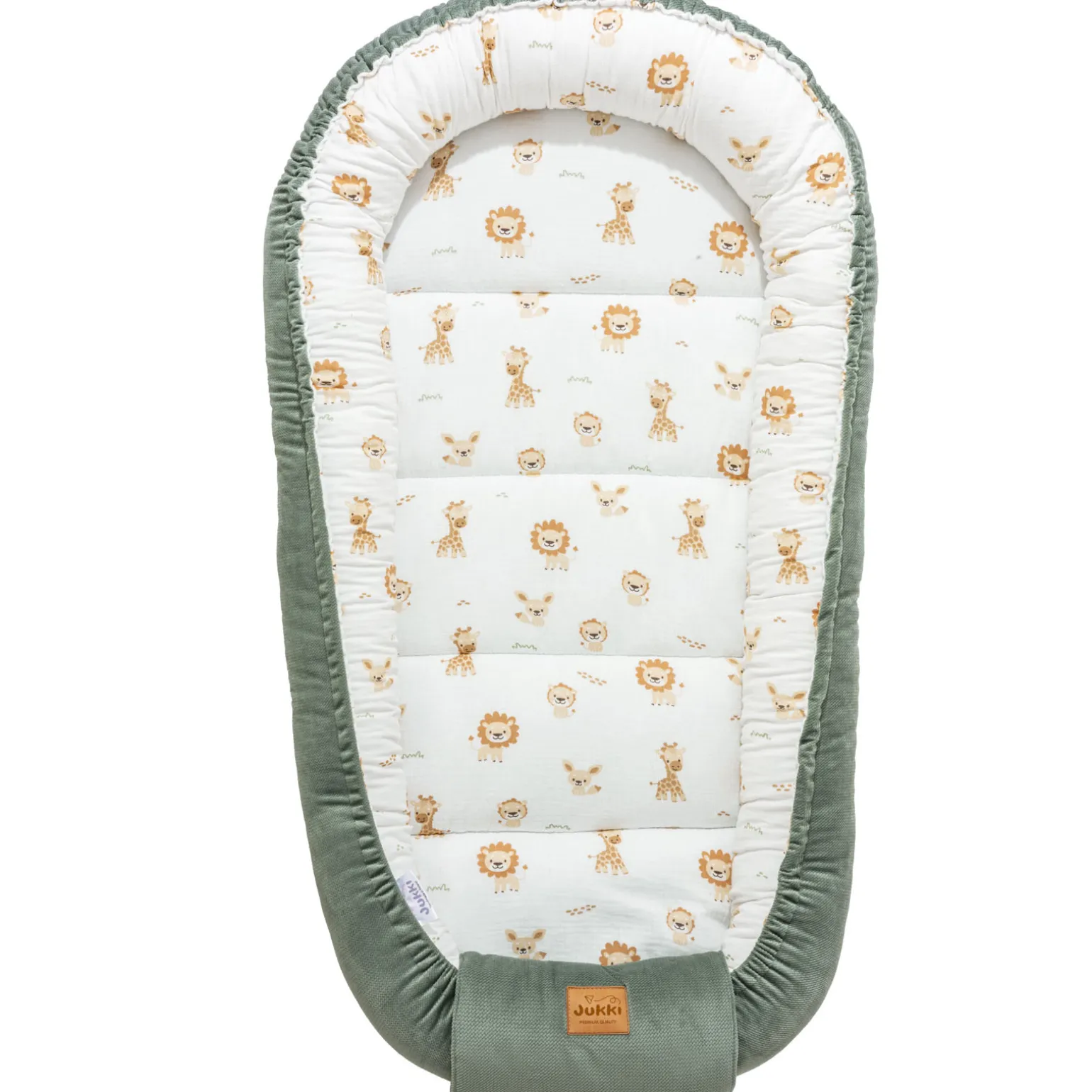 Muślinowy Kokon XXL 65 x 120 cm - Baby Safari i oliwkowy Velvet