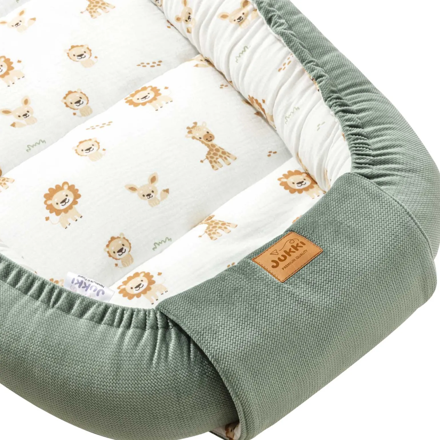 Muślinowy Kokon XXL 65 x 120 cm - Baby Safari i oliwkowy Velvet