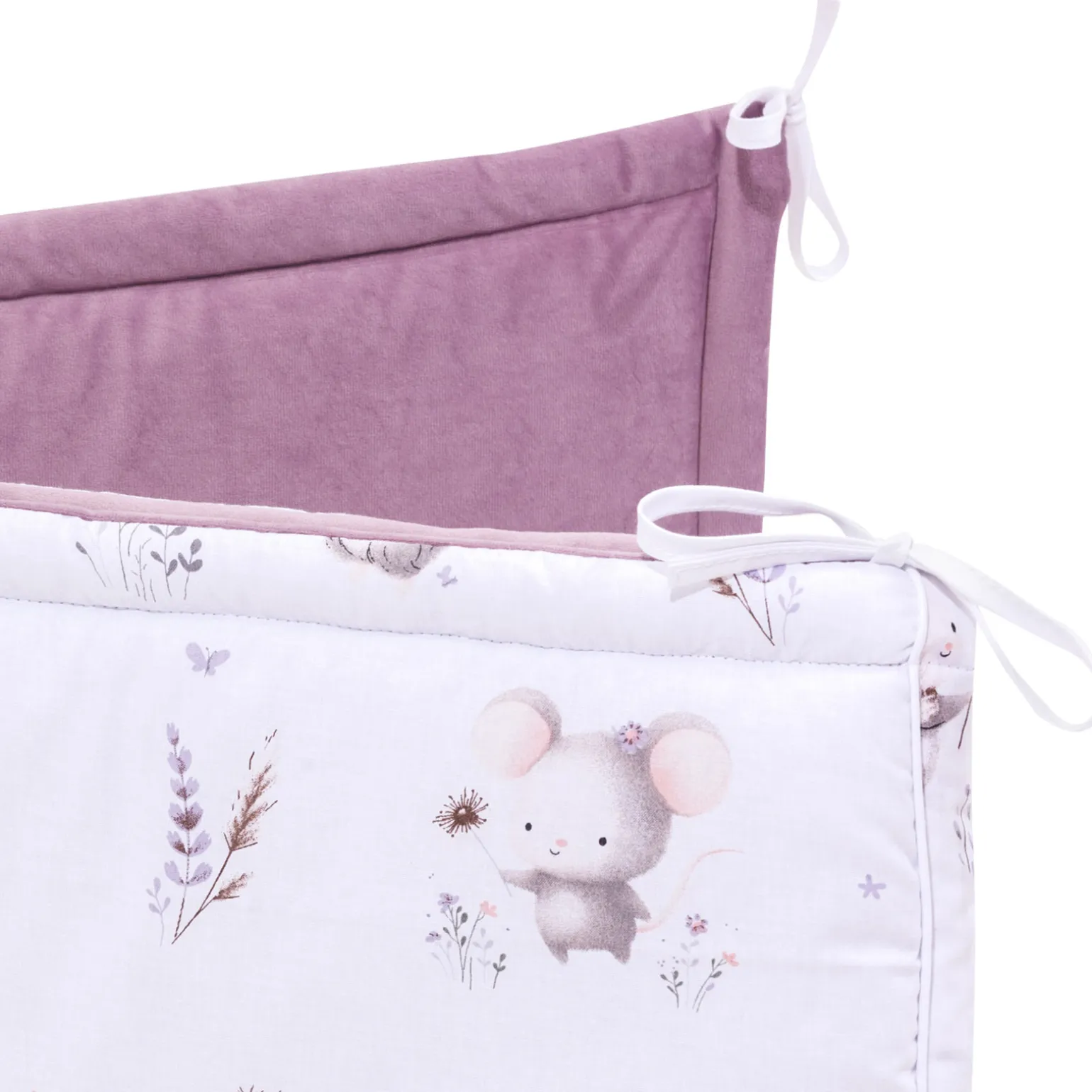 Ochraniacz do łóżeczka XXL - Lovely Mouse i Wrzosowy Soft Velvet