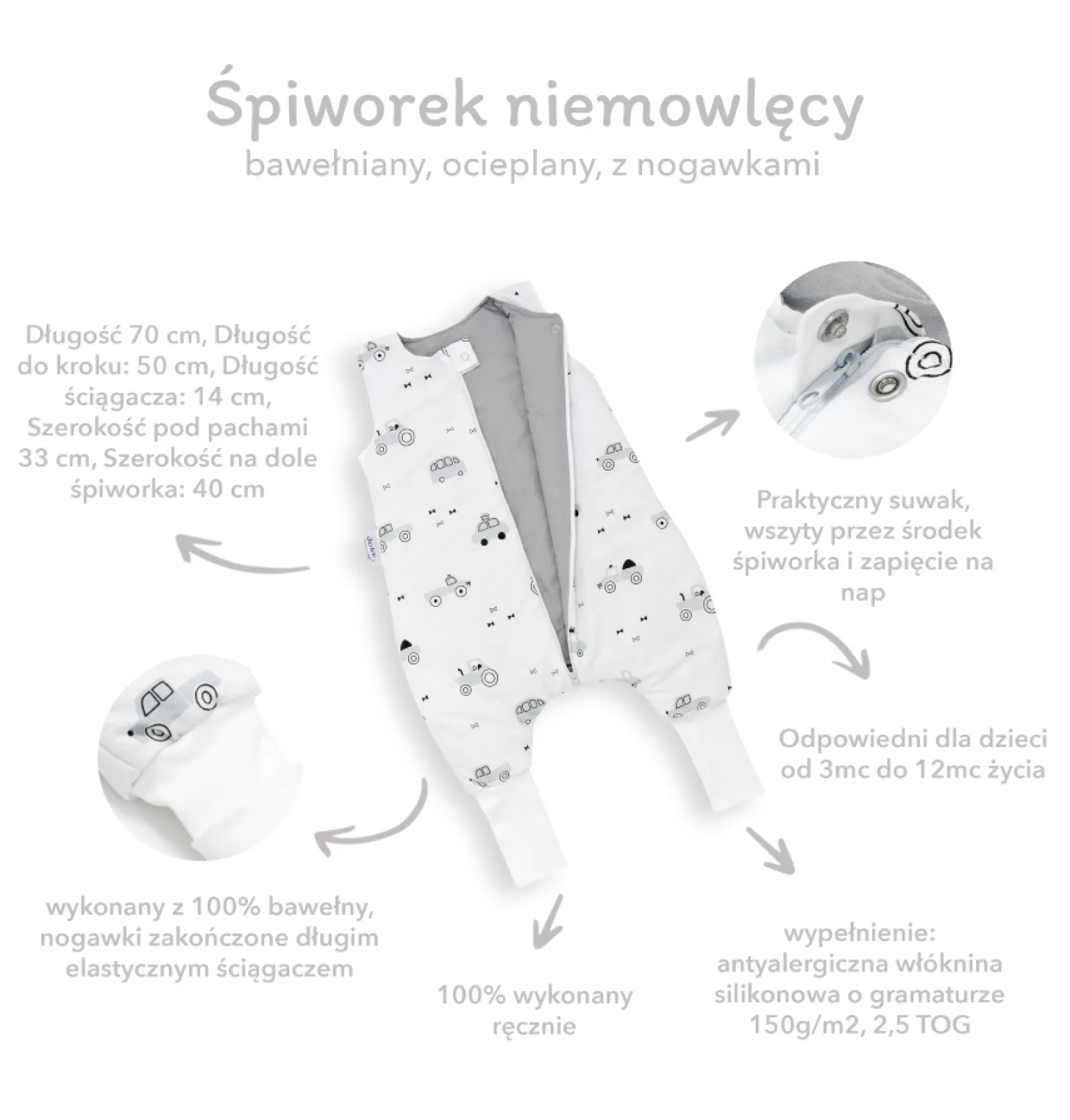 Śpiworek niemowlęcy - ocieplany z nogawkami - Pastel Pink