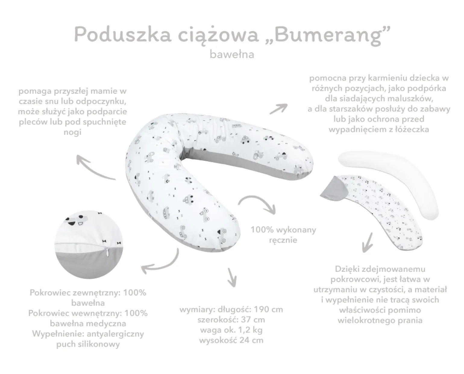 Wielofunkcyjna poduszka ciążowa Jukki "Bumerang" - Szare Gwiazdki