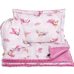 Zestaw przedszkolaka (kocyk z poduszką) - Super Puppy Pink i Purpurowe Minky