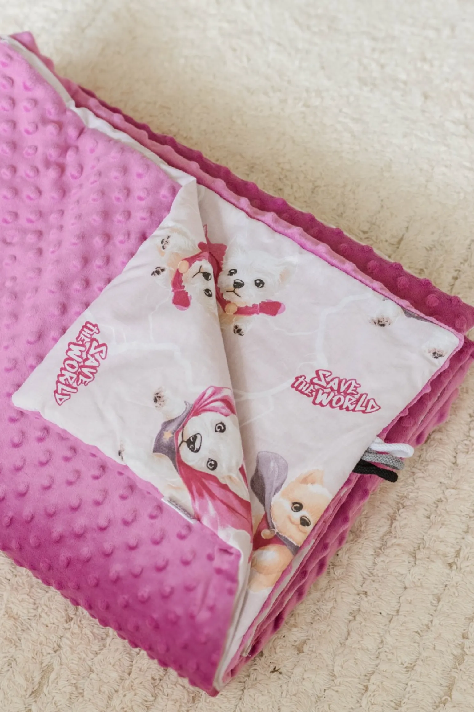 Zestaw przedszkolaka (kocyk z poduszką) - Super Puppy Pink i Purpurowe Minky